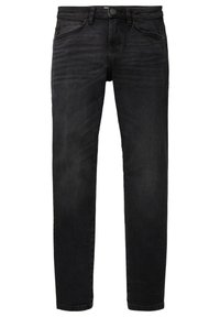 Svarta denim jeans, rak ben-design, med framfickor, bälteshällor och knappstängning. Slät textur med subtila blekningar.