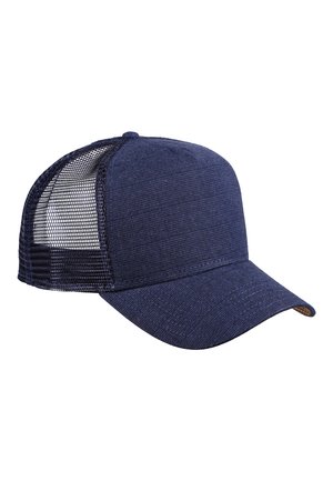 Marineblaue Trucker-Kappe mit strukturiertem Vorderteil, Mesh-Rücken und gebogenem Schirm. Verfügt über einen strukturierten Stoff und eine gestickte Naht über den Oberkopf.