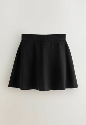 Juoda platėjančio silueto sijonas su lygiu paviršiumi, elastinga juosta ir A formos siluetu, sukurtas kasdieniam dėvėjimui.