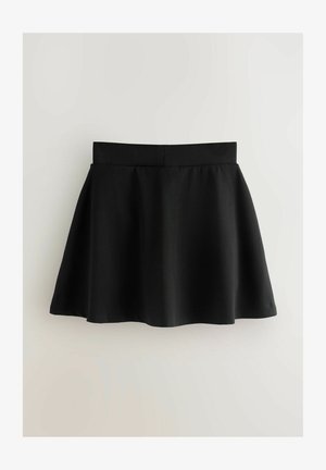 Fekete, bővülő szoknya sima textúrával, rugalmas derékkal és A-vonalú siluettal, amely a hétköznapi viselet sokoldalúságára lett tervezve.