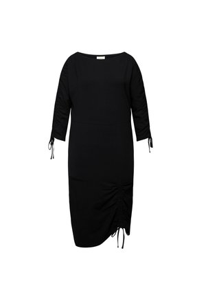 Abito nero con maniche a tre quarti, dettagli arricciati sui fianchi e decorazioni a fiocco. Realizzato in tessuto liscio con una silhouette aderente.