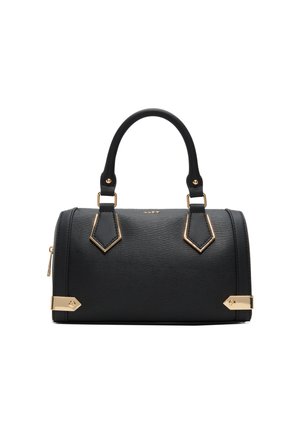 Black structured handbag featuring a textured material, gold hardware accents, and dual carry handles with a zip closure on one side.