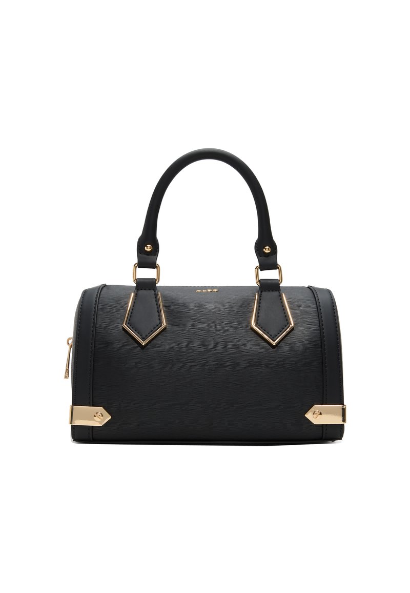 Black structured handbag featuring a textured material, gold hardware accents, and dual carry handles with a zip closure on one side.