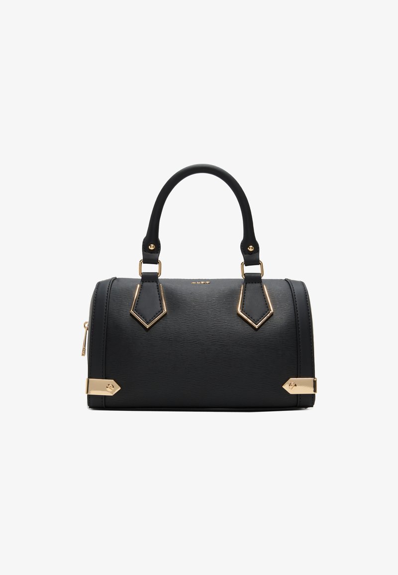 Czarna, strukturalna torebka na ramię z fakturowanym materiałem, złotymi akcentami i podwójnymi uchwytami do noszenia oraz zamkiem błyskawicznym z boku.