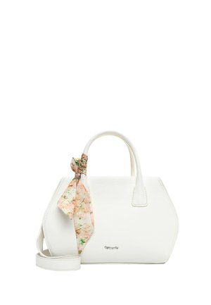 Sac à main blanc texturé avec poignées supérieures, bandoulière amovible et un foulard fleuri attaché à une des poignées.