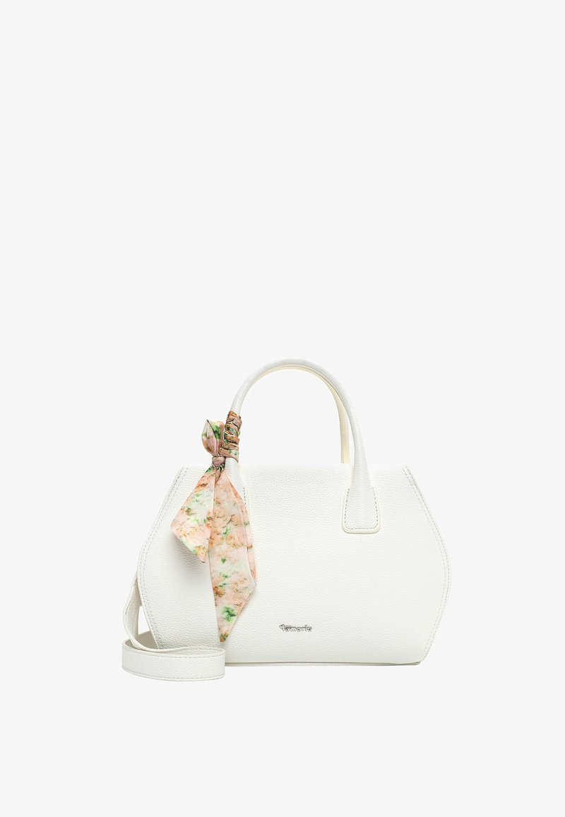 Sac à main blanc texturé avec poignées supérieures, bandoulière amovible et un foulard fleuri attaché à une des poignées.