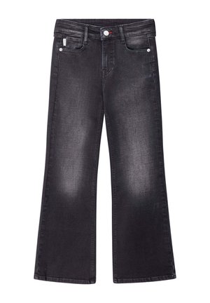 Schwarze Jeans mit weitem Bein, vorderen und hinteren Taschen, Knopfverschluss und ausgewaschenen Details an den Oberschenkeln.