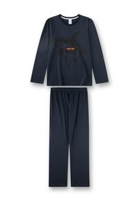 Marineblauer Pyjama-Set mit langärmeligem Oberteil, das eine Hai-Grafik und den Schriftzug "SHARK ZONE" zeigt, kombiniert mit langen Hosen mit elastischem Bund. Weicher Stoff.
