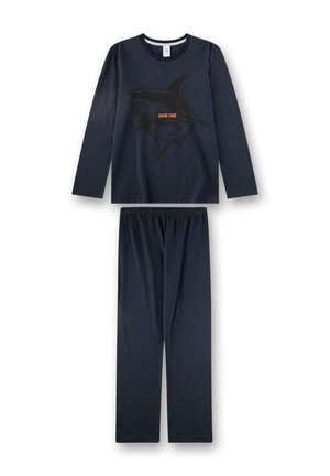 Marineblauer Pyjama-Set mit langärmeligem Oberteil, das eine Hai-Grafik und den Schriftzug "SHARK ZONE" zeigt, kombiniert mit langen Hosen mit elastischem Bund. Weicher Stoff.