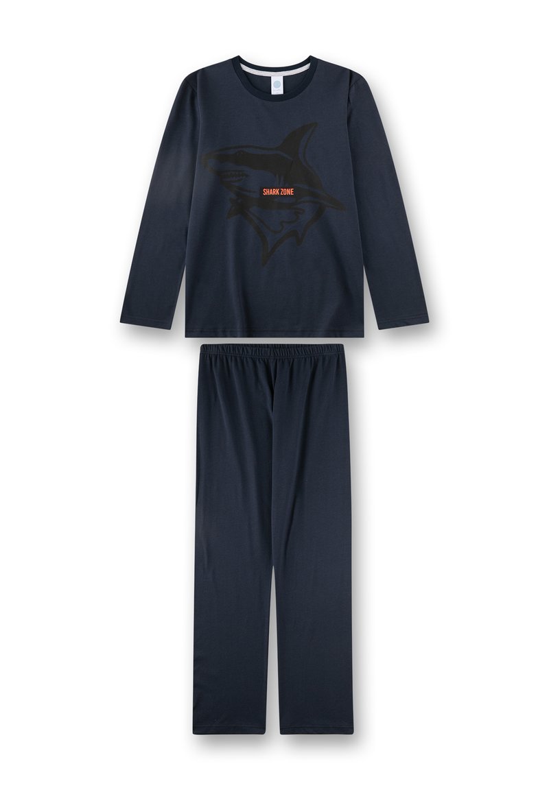 Marineblauer Pyjama-Set mit langärmeligem Oberteil, das eine Hai-Grafik und den Schriftzug "SHARK ZONE" zeigt, kombiniert mit langen Hosen mit elastischem Bund. Weicher Stoff.