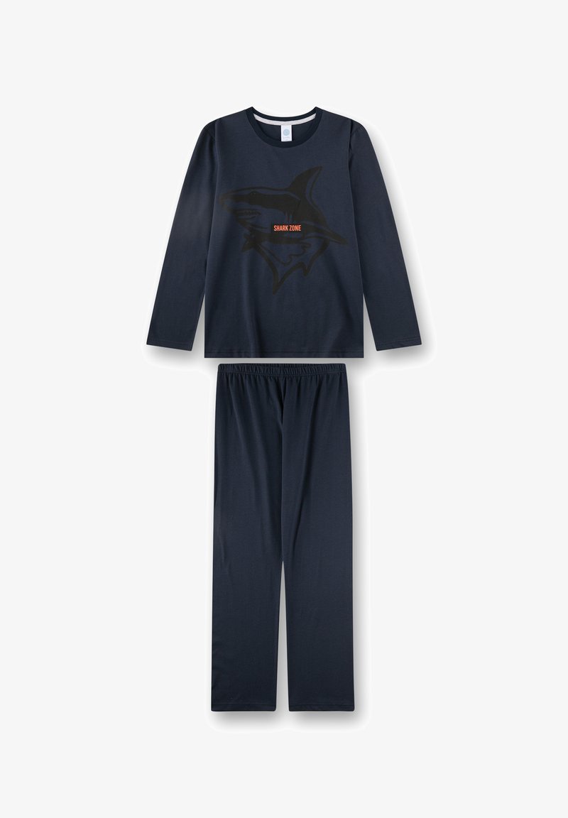 Marineblauer Pyjama-Set mit langärmeligem Oberteil, das eine Hai-Grafik und den Schriftzug "SHARK ZONE" zeigt, kombiniert mit langen Hosen mit elastischem Bund. Weicher Stoff.