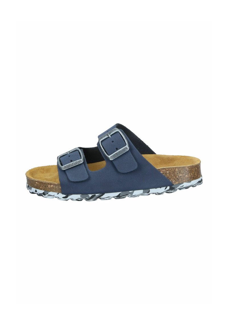 Blue slip-on sandal with two adjustable buckle straps, cork footbed, and textured rubber outsole featuring a wavy pattern.