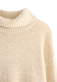 Beige strikket sweater med en bred ribbet rullekrave og blødt, tekstureret stof, med en let løs pasform og et minimalistisk mønster.