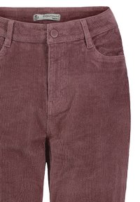 Samtstoffhosen in gedecktem Mauve, mit vertikalen Rippungen, einem Knopfverschluss an der Taille, Fronttaschen und einem lässigen Schnitt.