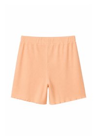 Short en tissu côtelé couleur pêche avec ceinture élastique et ourlet droit, présenté à plat sur fond blanc.