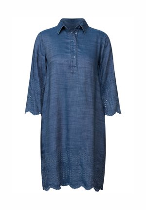 Denimklänning, långärmad, med krage och knappstängning, vågig fåll, broderade ögonletsdetaljer vid ärmarna och nederkanten.