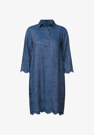 Denimhemdkleid, lange Ärmel, mit Kragen und Knopfverschluss, gewellter Saum, bestickte Lochstickerei an den Ärmeln und am unteren Rand.