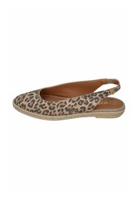 Leopard-print slingback flats with a rounded toe, fabric upper, a jute-wrapped sole, and a smooth tan interior.
