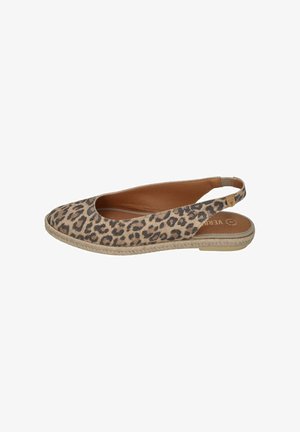 Leopard-print slingback flats with a rounded toe, fabric upper, a jute-wrapped sole, and a smooth tan interior.