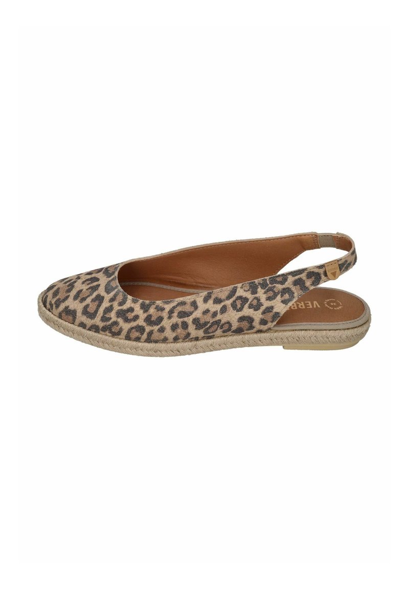 Leopard-print slingback flats with a rounded toe, fabric upper, a jute-wrapped sole, and a smooth tan interior.