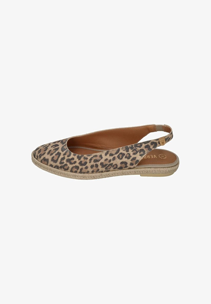 Leopard-print slingback flats with a rounded toe, fabric upper, a jute-wrapped sole, and a smooth tan interior.