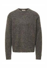 Pull gris foncé avec un col rond, des manches longues et un motif en tricot texturé. L'ourlet est droit et le tissu semble doux et chaud.