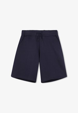 Shorts bleu marine en tissu doux, dotés d'une taille élastique avec cordon de serrage, de deux poches latérales et d'un ourlet droit et net.