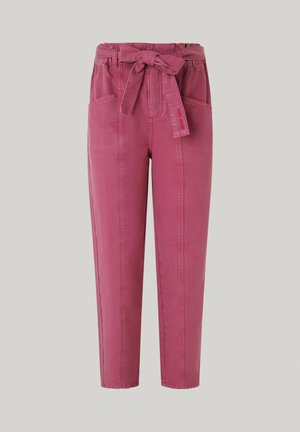Pink denim trousers with a belted waist and two front pockets. Designed with a tapered leg and visible stitching details.