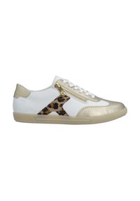 White sneaker with gold accents, leopard print detail on the side, and a gold zipper. Smooth material, round toe, and textured sole.
