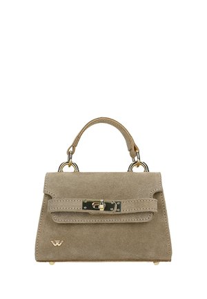 Petit sac à main en daim taupe avec poignée supérieure, sangle avant et fermeture à tour dorée, avec un petit logo doré en bas à gauche.