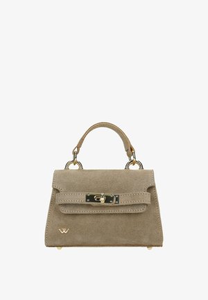 Piccola borsa a mano in camoscio taupe con manico superiore, cinturino frontale e chiusura a giravite color oro, con un piccolo logo dorato nell'angolo in basso a sinistra.