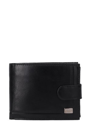 Black leather wallet with a smooth texture, bi-fold design, snap closure, and a small metal logo accent.