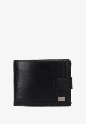 Black leather wallet with a smooth texture, bi-fold design, snap closure, and a small metal logo accent.