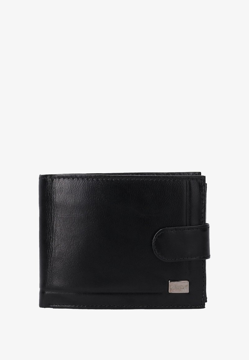 Zwarte leren portemonnee met een gladde textuur, vouwontwerp, drukknoopsluiting en een klein metallic logoaccent.