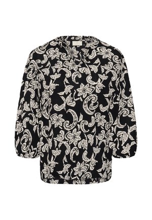 Must mustriga mustru ja paisleide mustriga must blouse, kolmeveerandi puff varrukad ja ümar kaelus kerge v-kärbega.