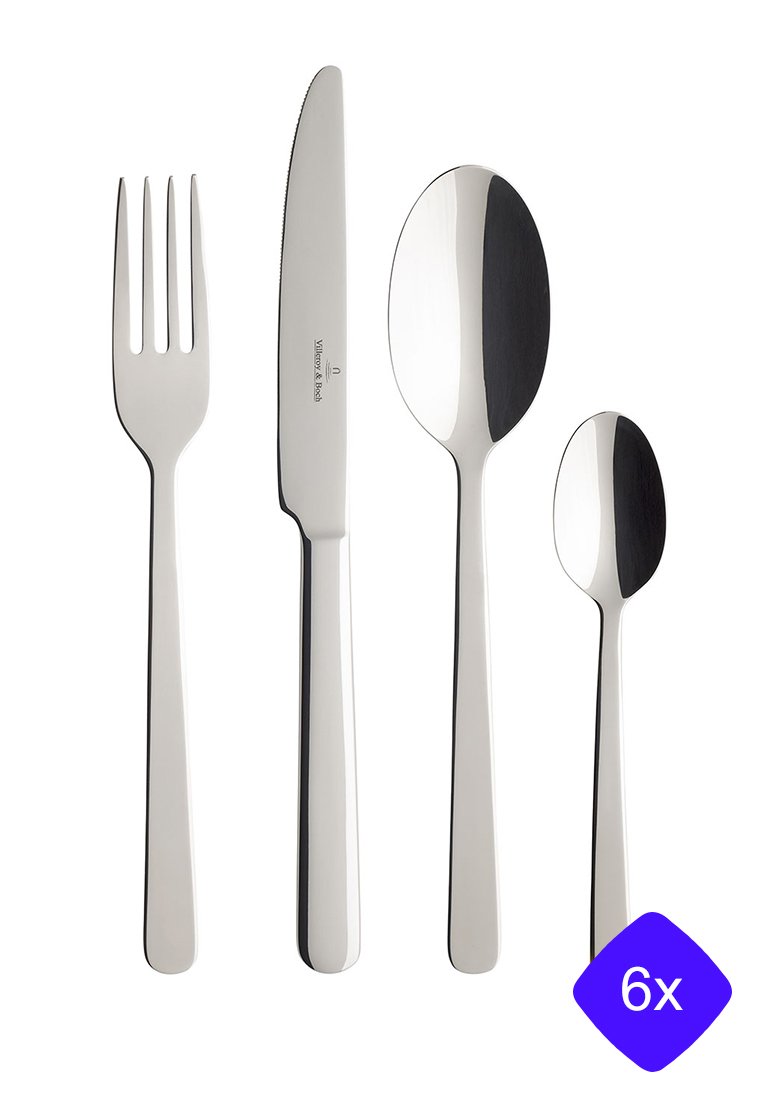 Das Besteckset aus rostfreiem Stahl umfasst eine Gabel, ein Messer, einen Esslöffel und einen Teelöffel. Polierte Oberfläche mit einfachen, geraden Griffen.