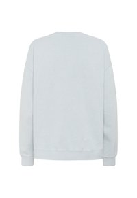 Felpa grigia chiaro con scollo tondo, spalle abbassate, polsini a coste e tessuto texturizzato. La vista posteriore mostra un design pulito e minimalista.