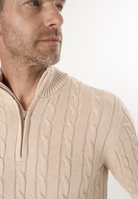 Beżowy sweter dzianinowy z splotem w warkocz, pół-zamek i ściągacz przy kołnierzu. Teksturowany materiał w dopasowanym fasonie.