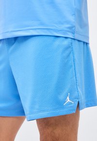 Short de sport en mesh bleu clair avec un petit logo Jumpman blanc près de l'ourlet, porté avec un t-shirt bleu clair assorti.
