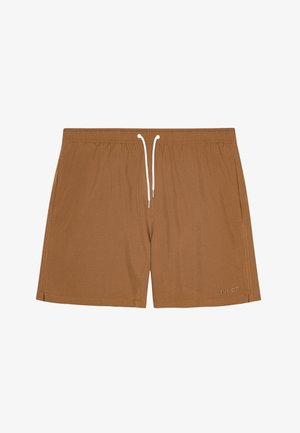 Shorts de bain marron en tissu léger, dotés d'une taille élastique avec cordons blancs et de poches latérales ; détail de marque minimal.