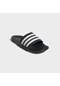 Black slide sandals with a textured design, featuring three horizontal white stripes across the upper. Smooth, cushioned footbed.