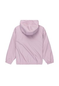 Rosa, lätt jacka med huva, elastiska ärmar och en samlad midja. Slät textur med en enkel design.