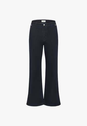 Weite, dunkle Jeanshose mit figurbetontem Bund, vorn mit einem Knopfverschluss und zwei Taschen ausgestattet, modern gestylt.