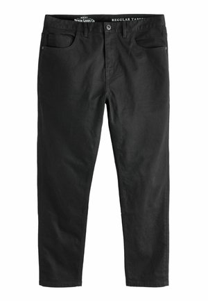 Sorte tapered bukser lavet af denim. Har forlommer, knaplukning og en ren finish. Simpelt design med en blød tekstur.