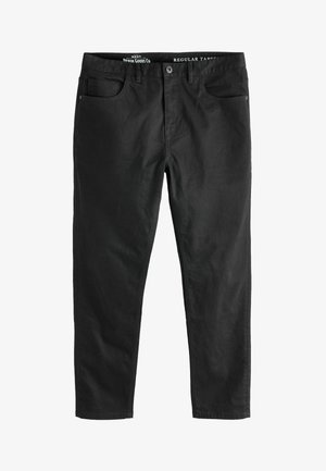 Zwarte tapperde broek van denim. Heeft voorzakken, een knoopsluiting en een nette afwerking. Eenvoudig ontwerp met een zachte textuur.
