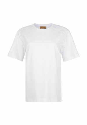 Weißes Baumwoll-T-Shirt mit kurzen Ärmeln, ausgestattet mit dekorativen Durchbrüchen an den Schultern, Rundhalsausschnitt und geradem Schnitt.