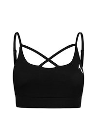 Melnā sporta krūšturi ar regulējamiem smalkajiem siksniņām, krustveida aizmugures dizains, gluda auduma faktūra un logs kreisajā priekšā.