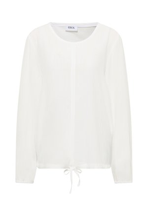 Hvid langærmet bluse med rund halsudskæring, letvægtsstof og snøre i kanten. Har en glat tekstur og et minimalistisk design.