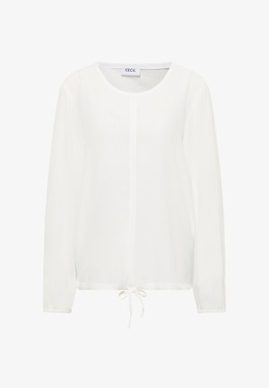 Bílá blůza s dlouhým rukávem a kulatým výstřihem, vyrobená z lehké látky a se stahovacími okraji. Má hladký povrch a minimalistický design.