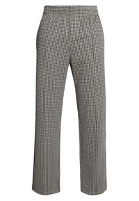 Kalhoty s houndstooth vzorem v černé a smetanové barvě, se střihovým designem rovného nohavice, elastickým pasem a bez viditelných kovových doplňků nebo kapes.